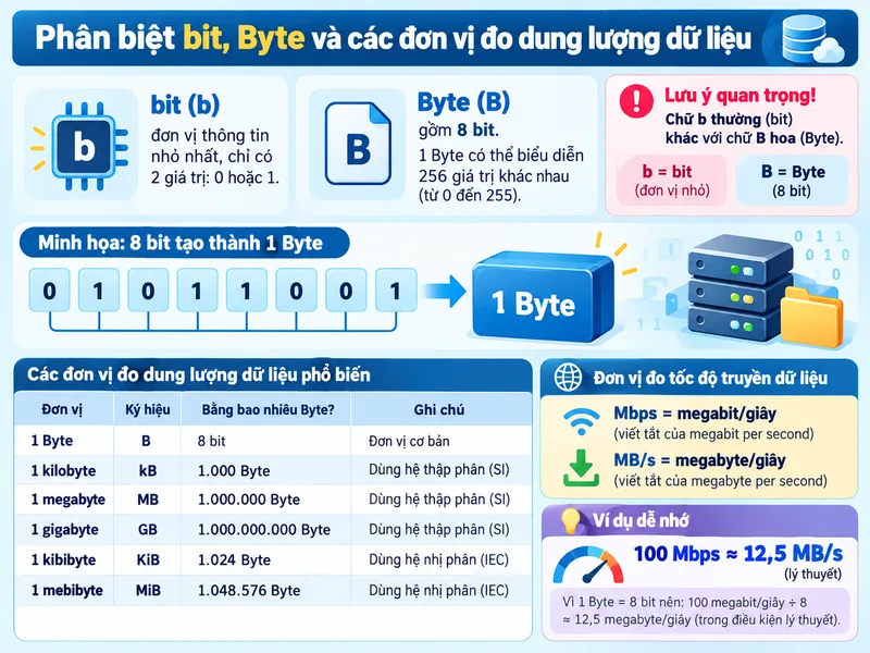 Một Byte bằng 8 bit, nhưng hai đơn vị có ký hiệu và cách dùng khác nhau.