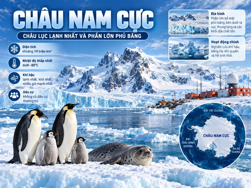 Châu Nam Cực là châu lục lạnh nhất và phần lớn phủ băng